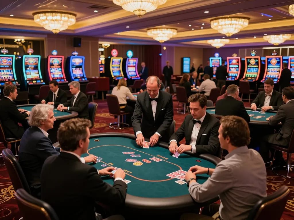 Players engage in high-stakes poker at HBET casino, showcasing strategic gameplay and luxurious ambiance.