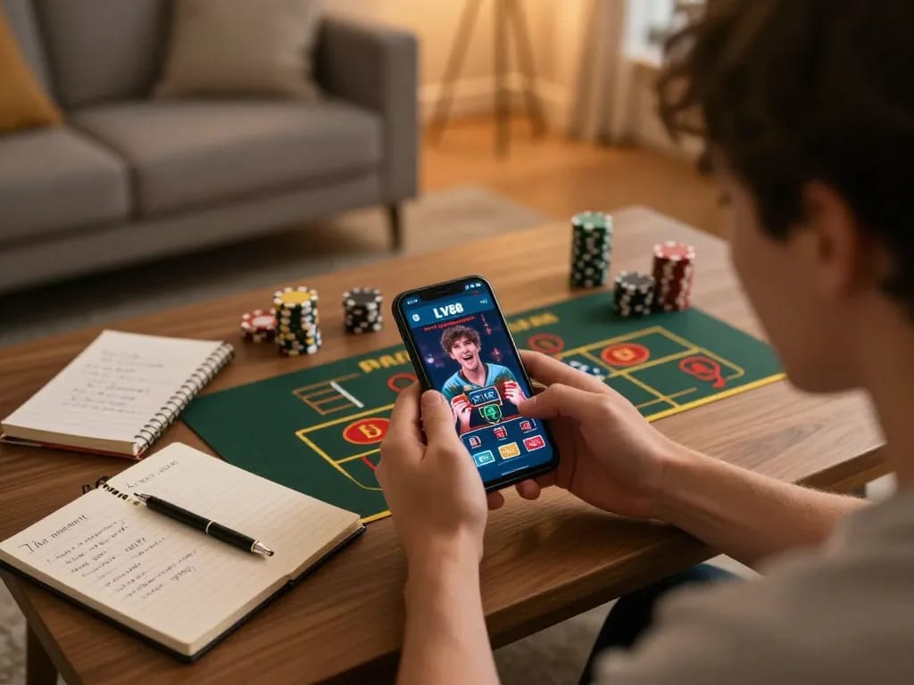 Player using the LV88 app for online gambling on their smartphone, surrounded by strategic notes and a cozy atmosphere.