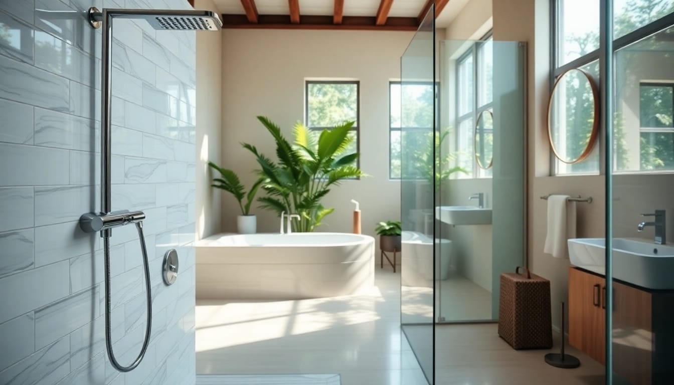 Experience stunning elegant showers in a luxurious bathroom with modern designs and natural lighting.