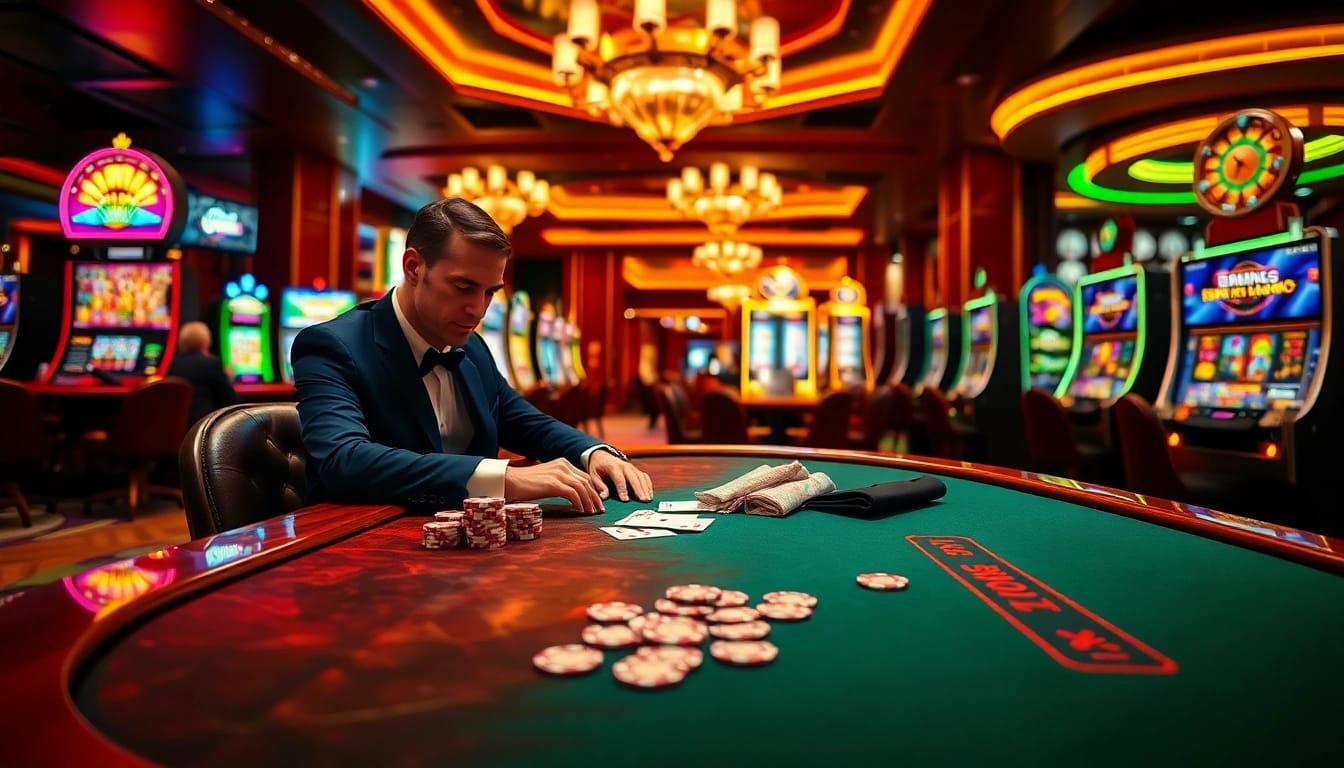 Okfun players engaging in a high-stakes poker game with vibrant casino elements.