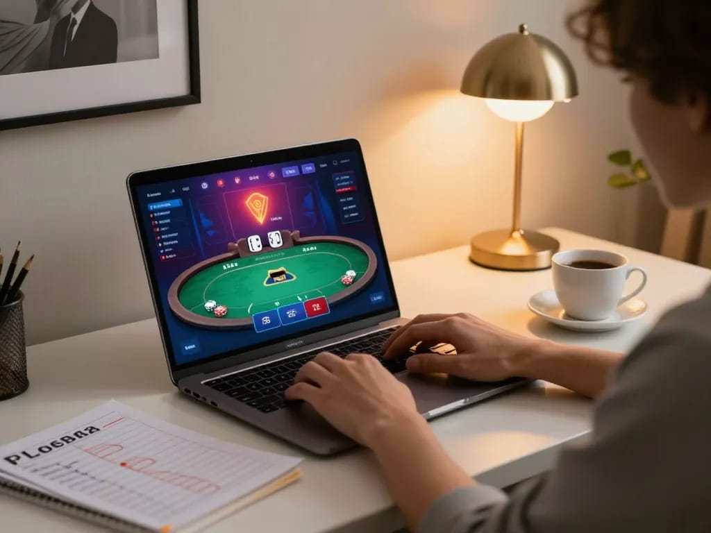 Engaging in strategic play at https://nk88.actor/ with a vibrant online poker interface on laptop