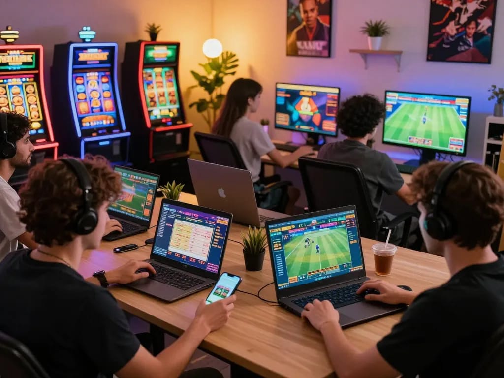 Online users engaging with tg88 sports betting and casino games in a lively home office.