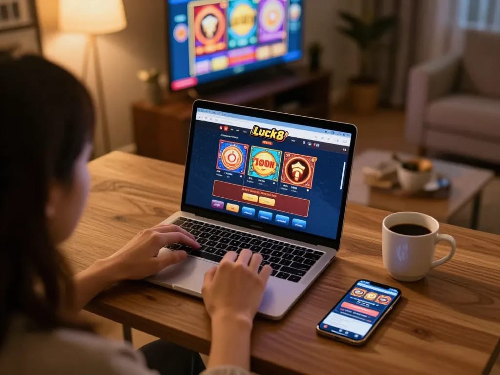 Player immersed in online gaming experience on luck8biz, showcasing laptop and casino app.