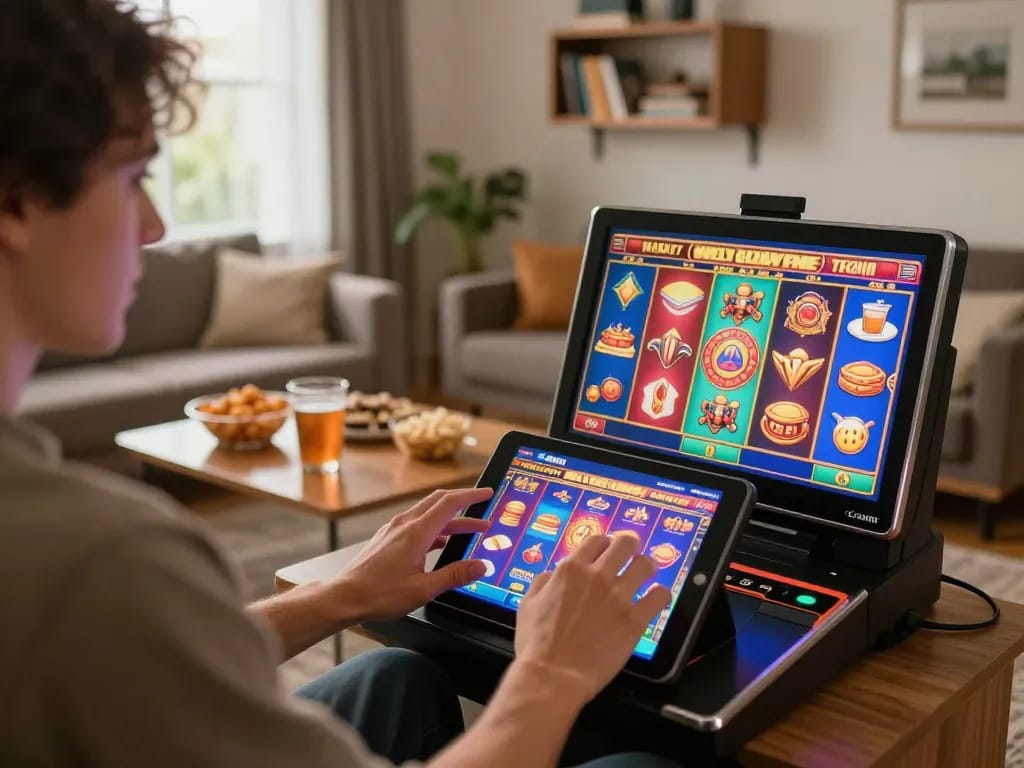 Enjoying the thrill of pucuk138 slot games on a tablet in a cozy environment