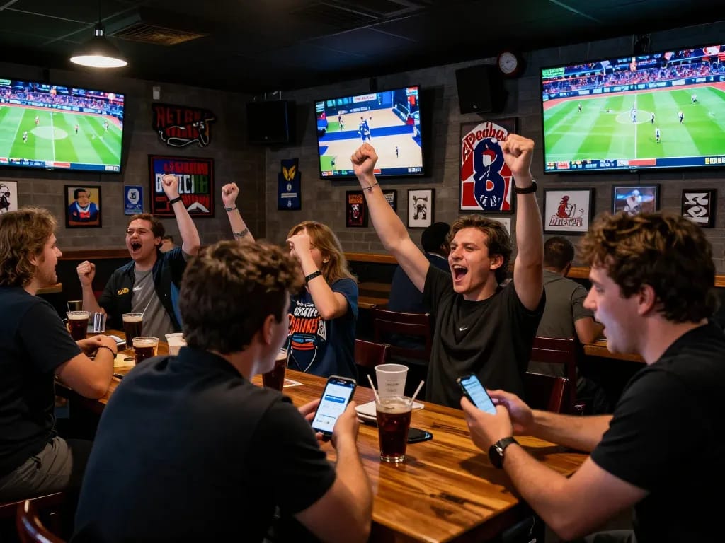 Cheering in a sports bar while placing bets on the Net88 app during live games.
