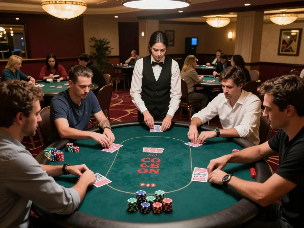 Players engage in an intense poker game at BL555, showcasing strategic moves and vibrant casino ambiance.