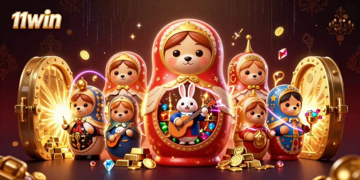 Experience the excitement of 11WIN with a lively casino scene featuring animated bears and gems.
