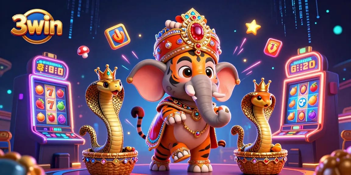 Experience thrilling wins at 3win with colorful slot machines, a majestic maharaja, and vibrant casino elements.