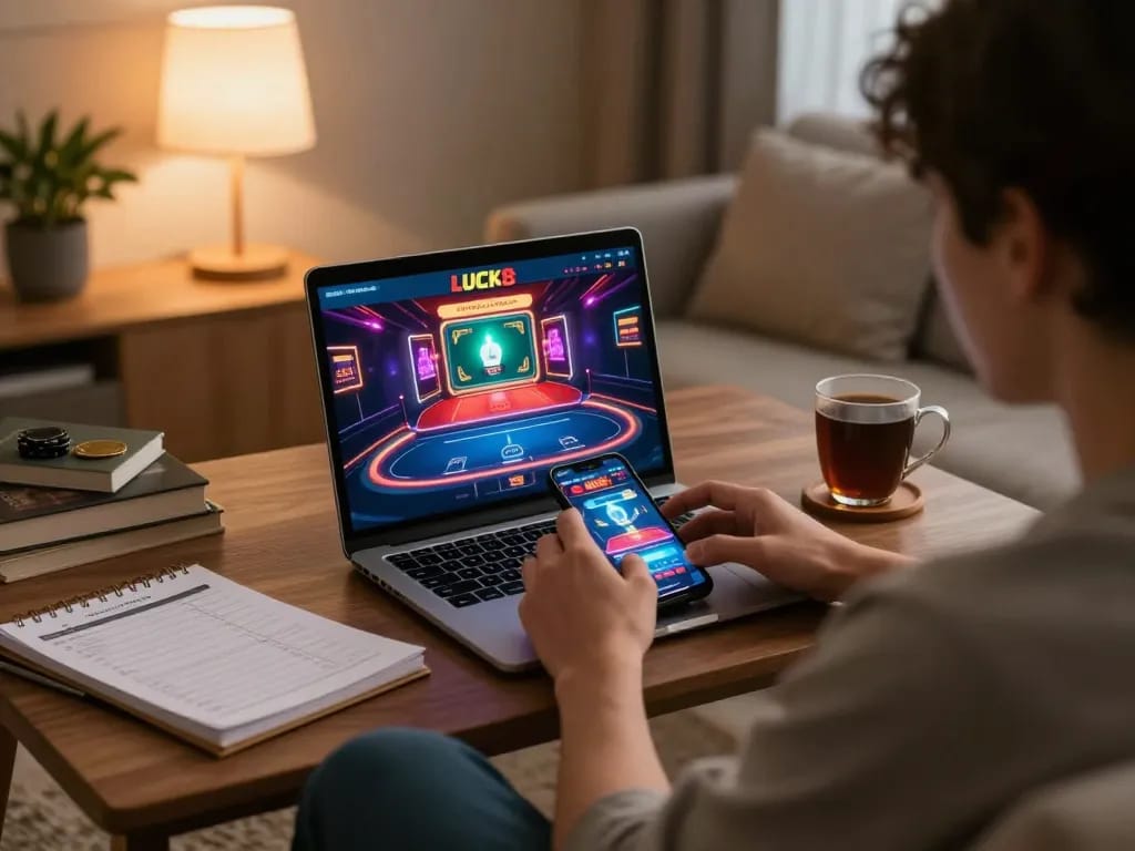 LUCK8 user engaged in online gaming on smartphone, cozy home atmosphere reflecting responsible entertainment