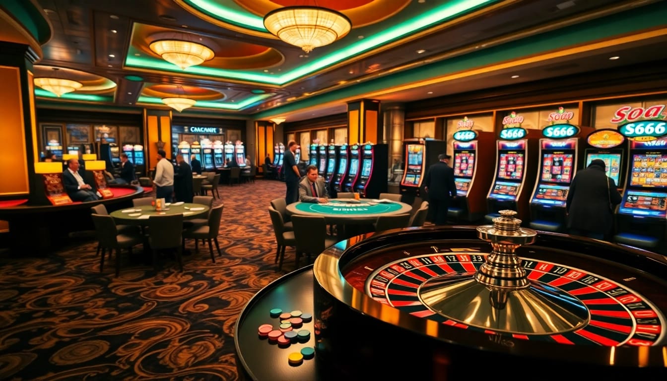 Experience the thrill of winning at S666 in an upscale casino scene with roulette and slot machines.
