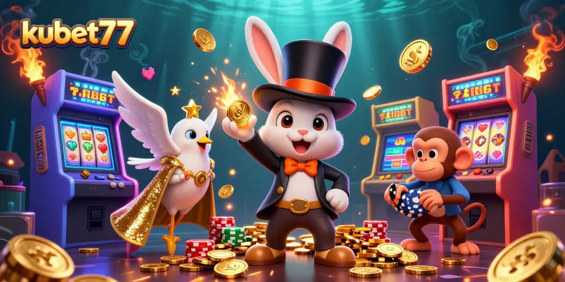 Win big at kubet77 with a magical scene of a rabbit pulling coins, enhancing online gaming excitement.