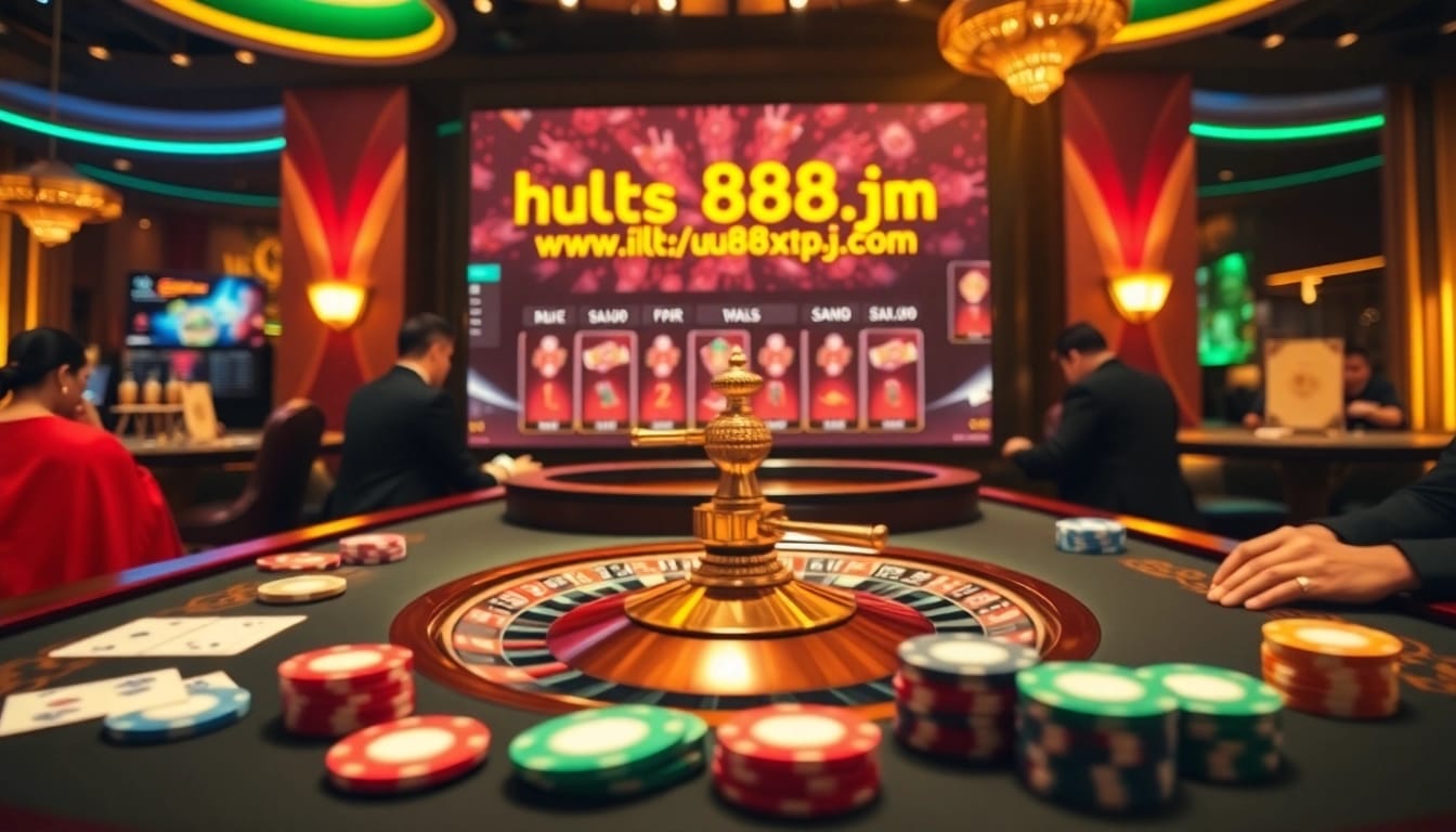 Exciting gambling action at https://uu88xpj.com/ featuring a poker table and roulette wheel.