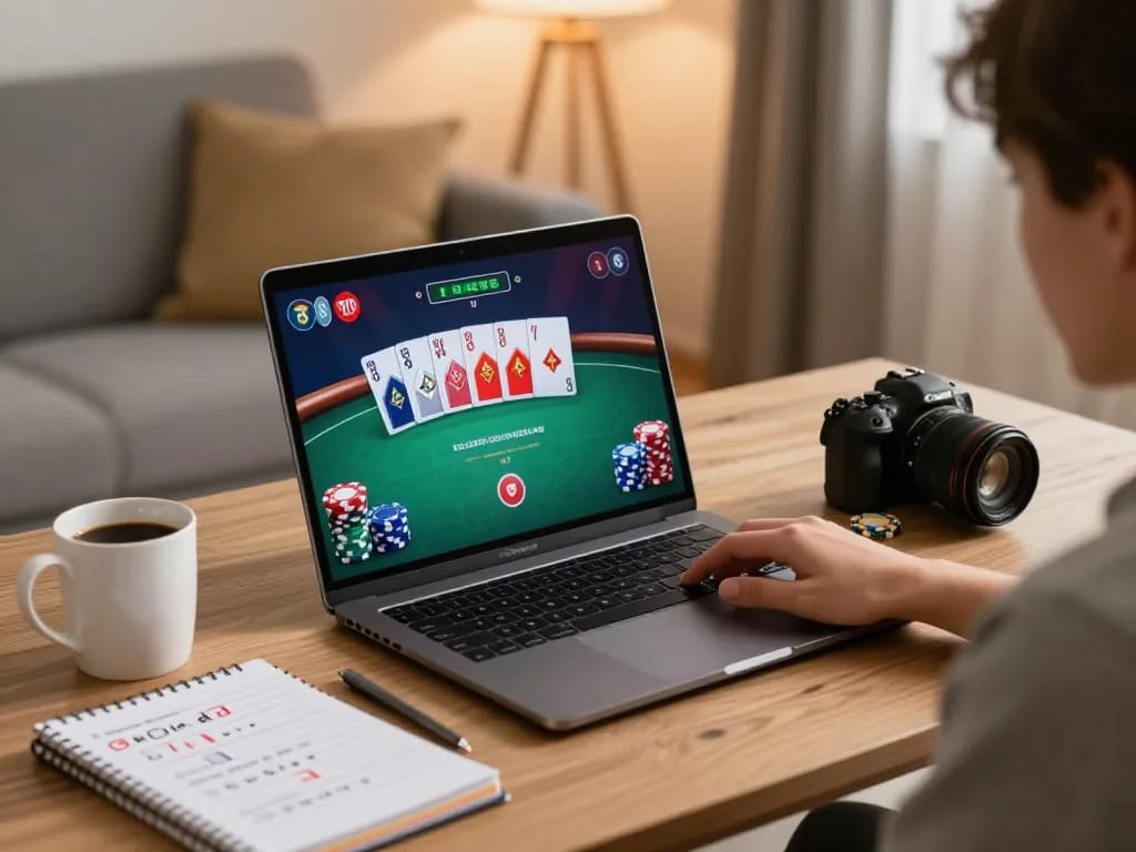 Engaged gamer playing KUWIN poker game on a laptop with strategic notes at home