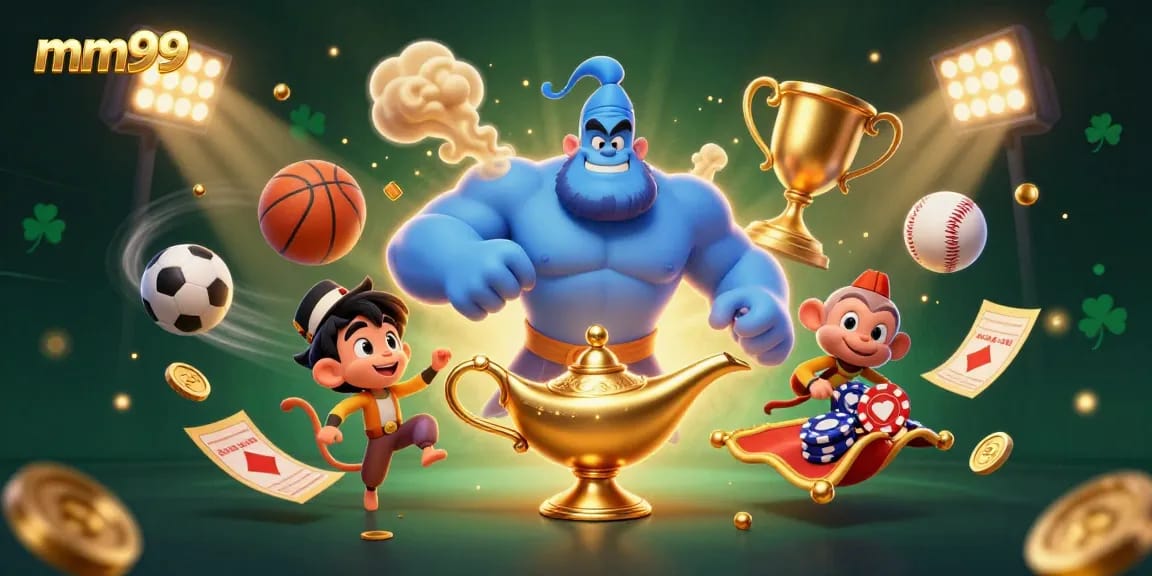 Experience thrilling mm99 moments at the casino with a blue genie and magical elements.