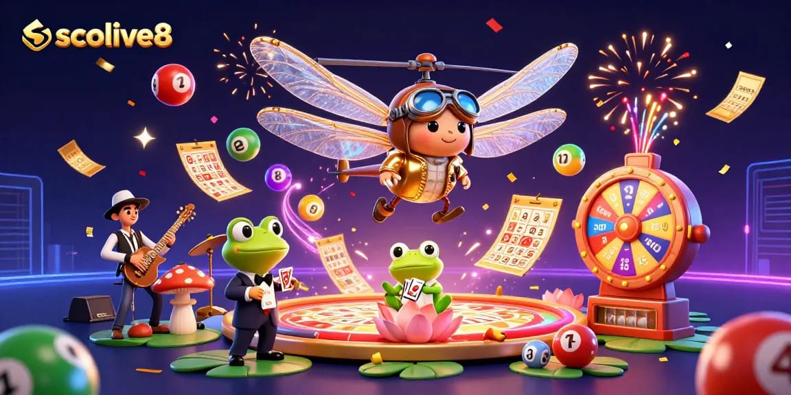 Socolive8 showcases vibrant gambling action with 3D characters and dynamic lottery elements in a casino scene.
