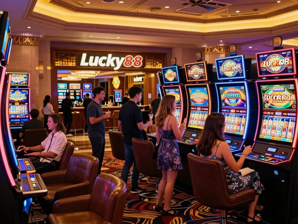 Excited group entering Lucky88 casino lobby showcasing vibrant atmosphere and colorful slot machines.