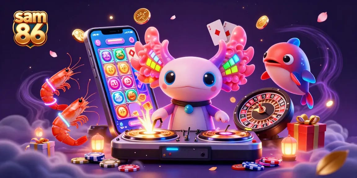 Experience thrilling gameplay at sam 86 with a vibrant casino scene featuring neon characters and dynamic gaming elements.