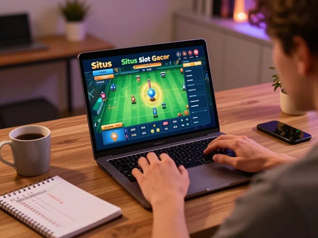 Sparking excitement while playing situs slot gacor online on a laptop in a cozy home setup
