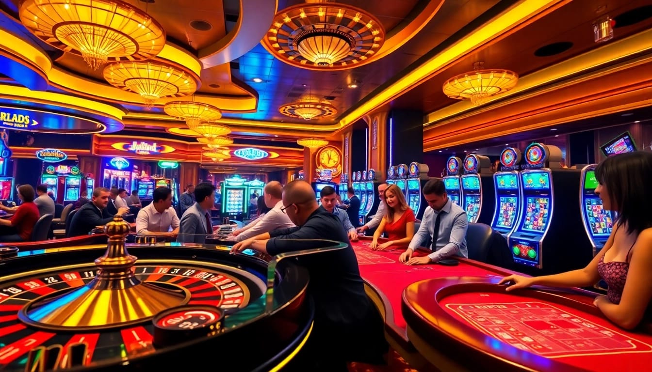 Nohu90.com engaging casino scene with poker tables and vibrant slot machines showcasing excitement.