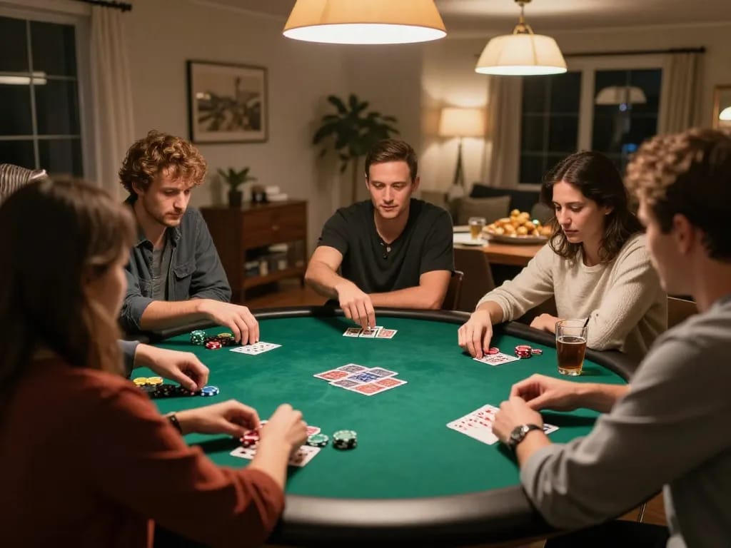 Friends engaged in an exciting poker game at home, showcasing strategic moments with 88xx and lively interactions.