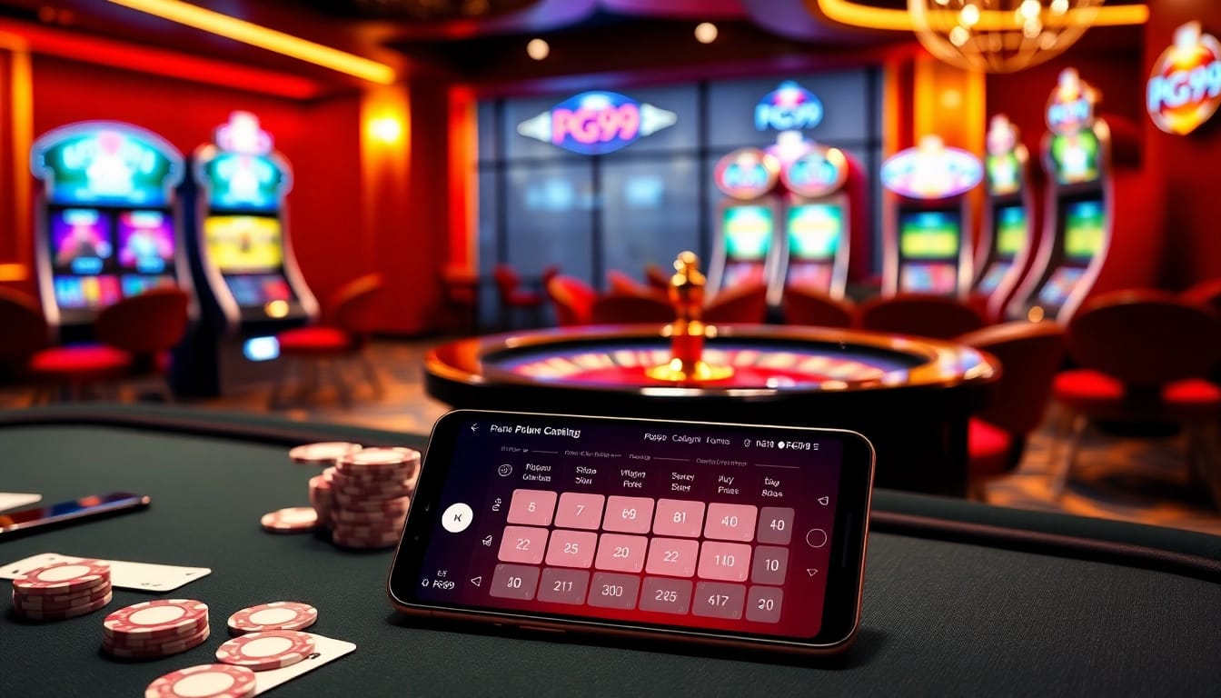 Experience the excitement of PG99 online gambling with vibrant poker chips and a roulette wheel.