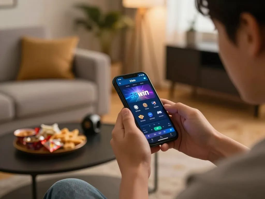 Player engaging with the 33win app on smartphone in a cozy home gaming setup.