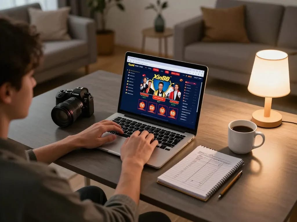 Engaged player using Xin88 online casino platform on laptop, featuring bankroll strategies nearby.