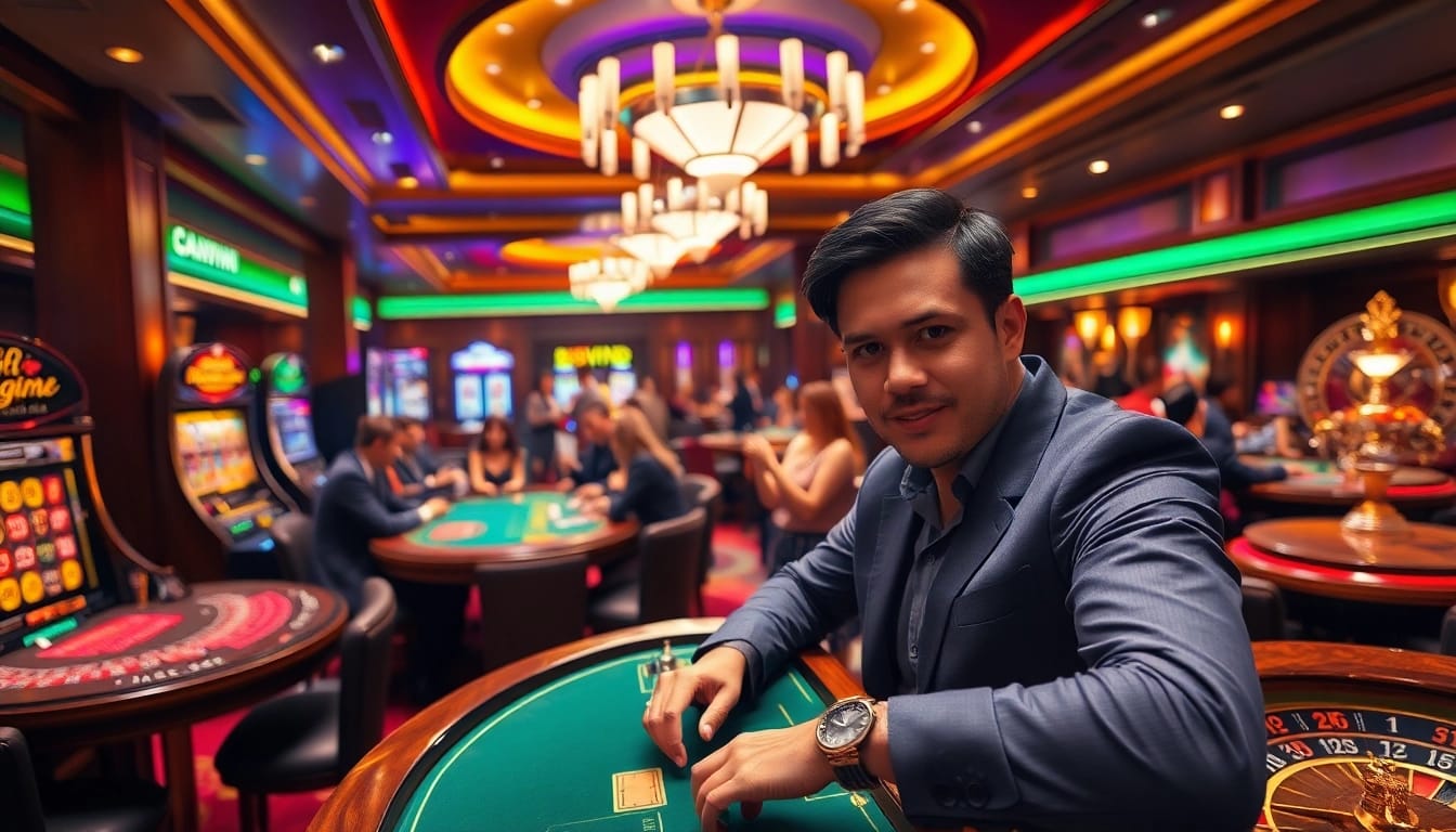 Experience the thrill of 888VND with players engaged in an exciting casino environment, highlighting poker and slot machines.