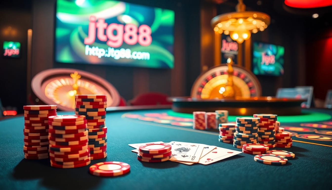 Experience thrilling gambling action at https://jtg88.com/ with a vibrant casino scene featuring poker chips and cards.