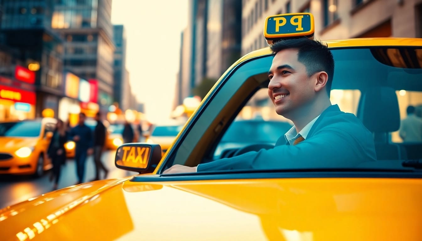 Taxi driver smiling inside a bright yellow cab on a busy city street at night.