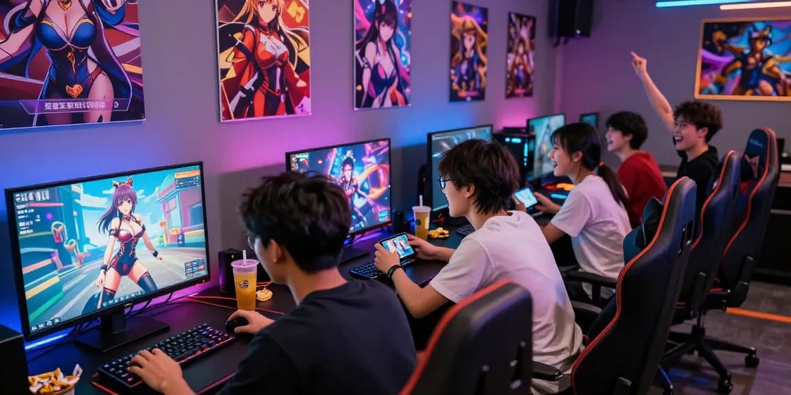 Engaging scene of friends playing a hentai game together in a vibrant gaming lounge.