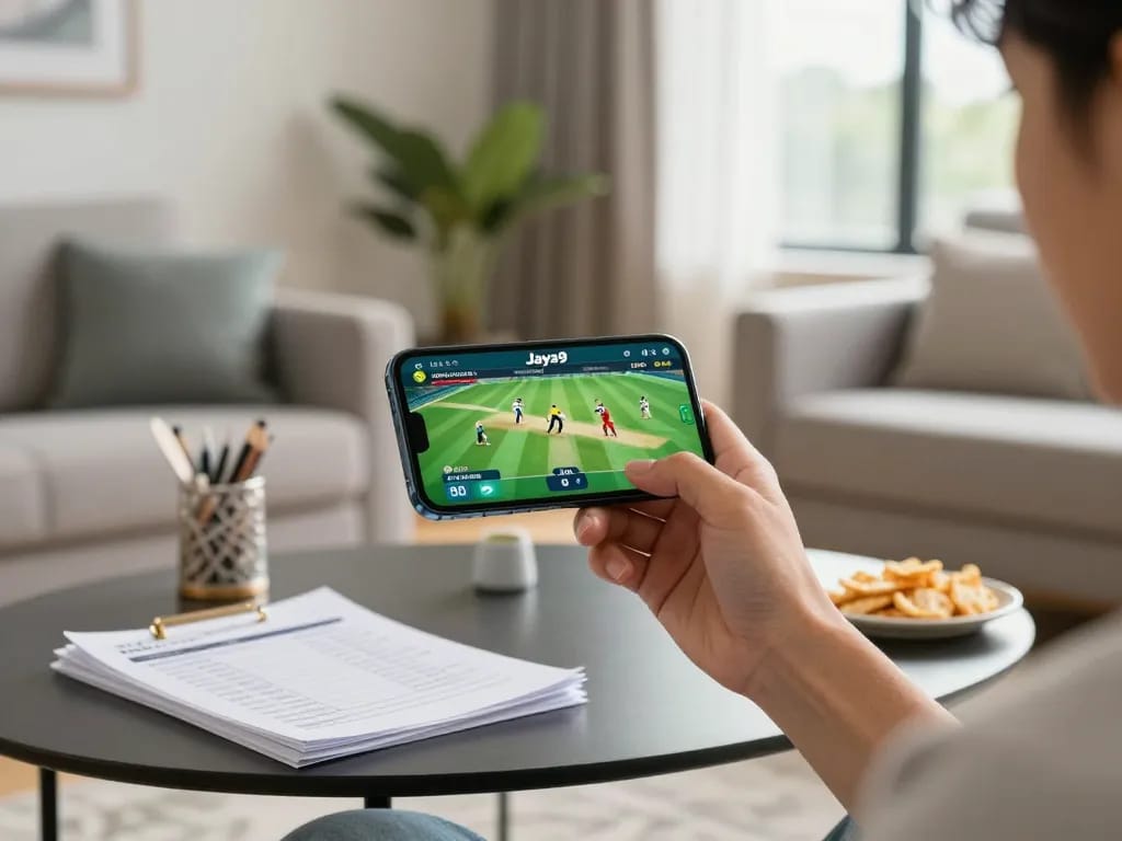 Person engaging in Jaya9 best cricket betting on smartphone amidst a cozy home setting.