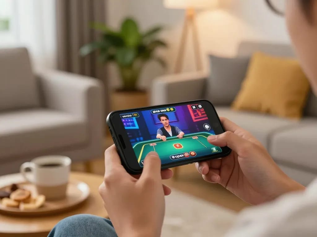 Engaged user bets on nhà cái go99 via smartphone in cozy home setting