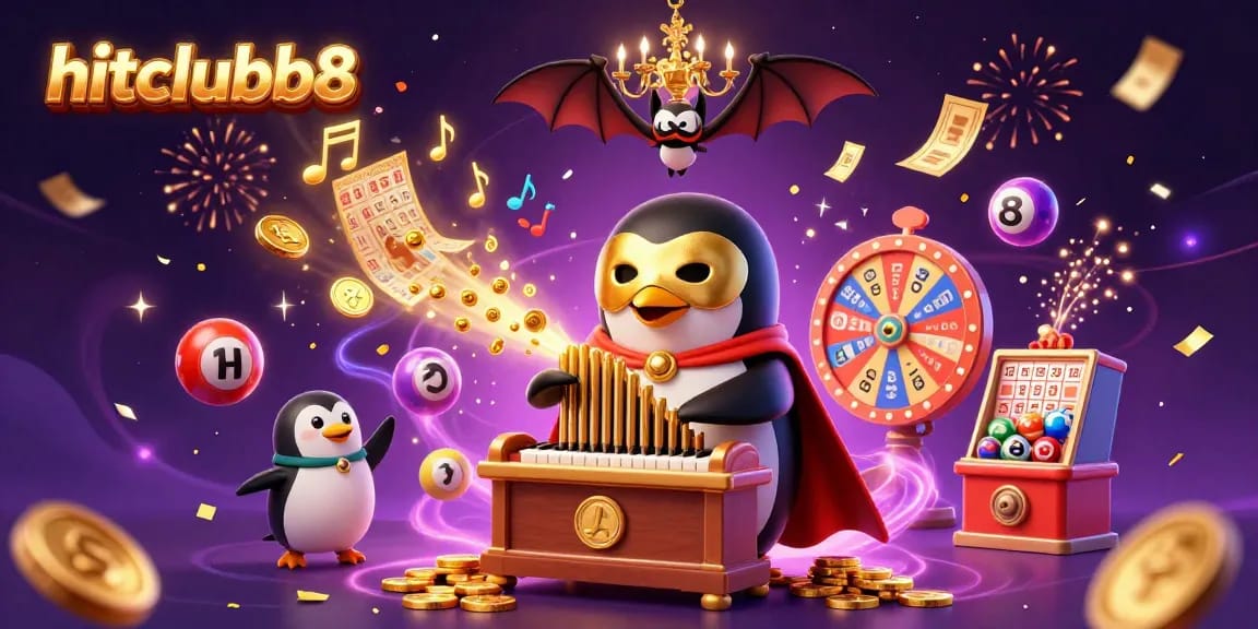 Experience the excitement of hitclubb8 as a cartoon penguin plays an organ spouting coins amidst colorful lottery elements.