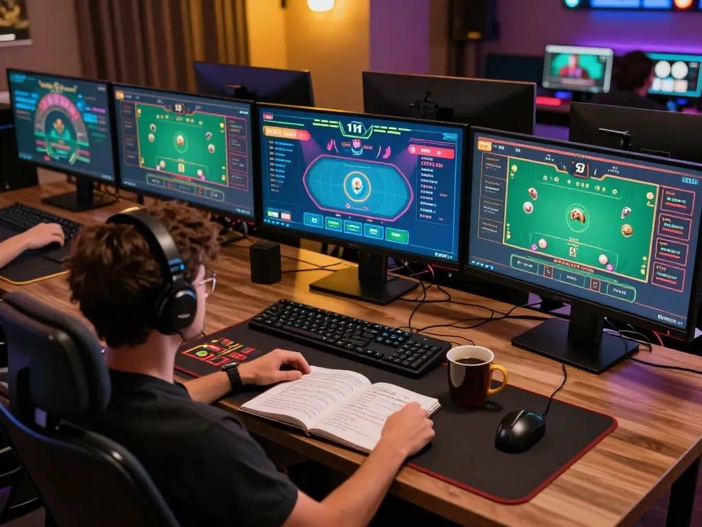 Engaged gamer utilizing the 32win platform for online blackjack strategy while jotting notes.