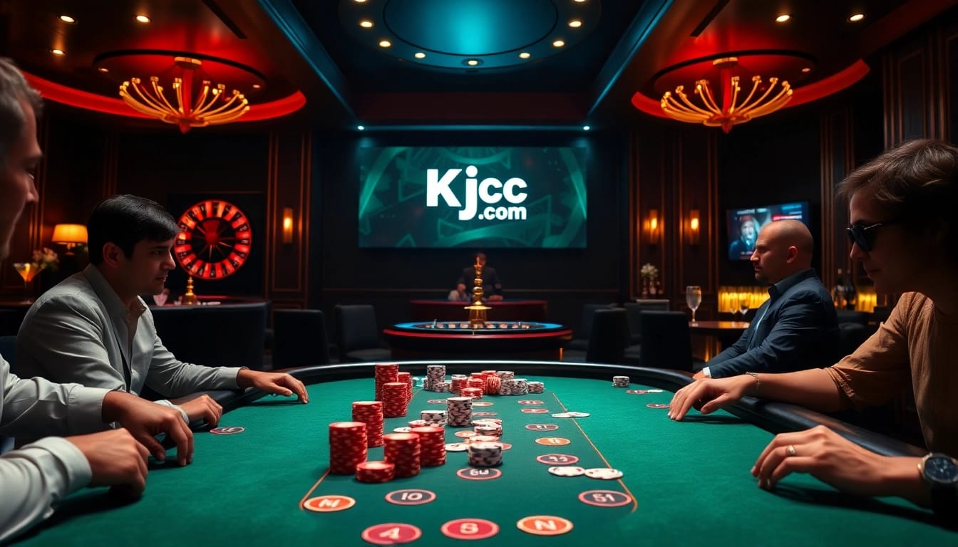 Kjc us com featuring an exciting poker game in a luxurious casino setting, showcasing poker chips and cards.