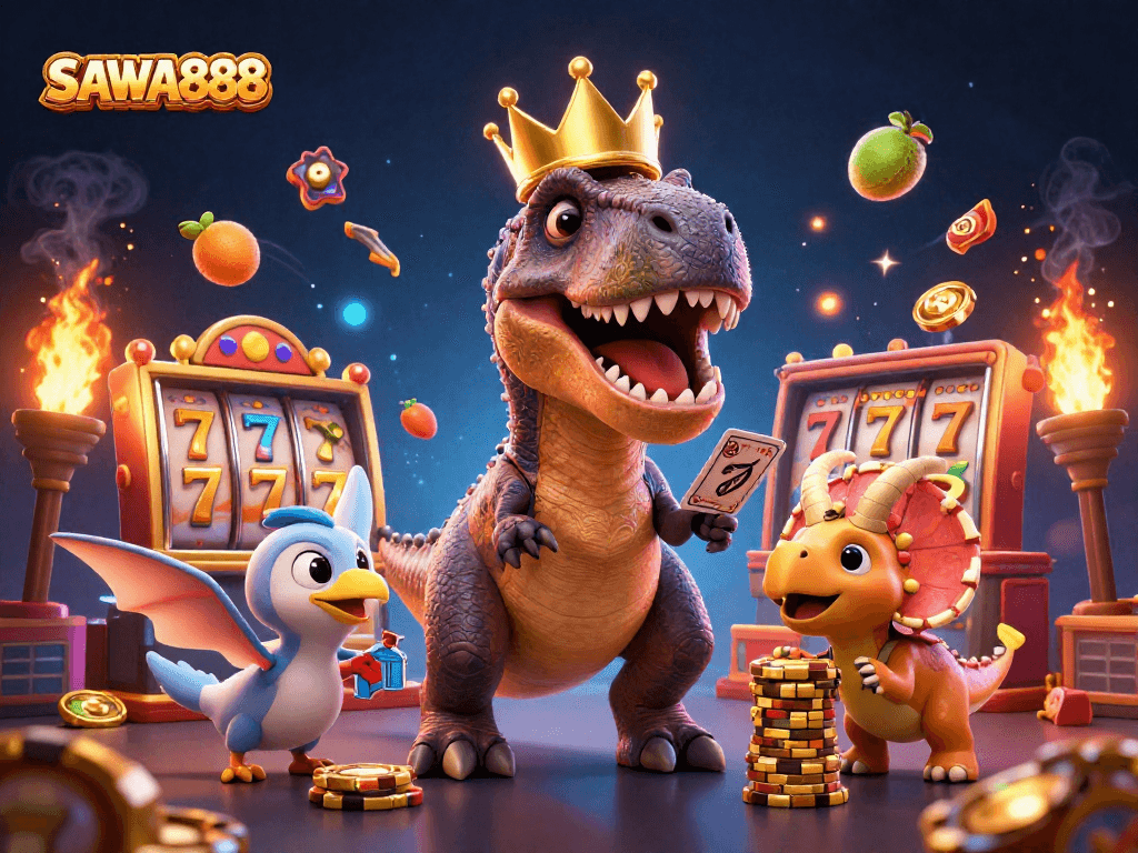 Engage with SAWA888 as a T-Rex shuffles cards while a triceratops stacks chips, showcasing exciting slot elements.