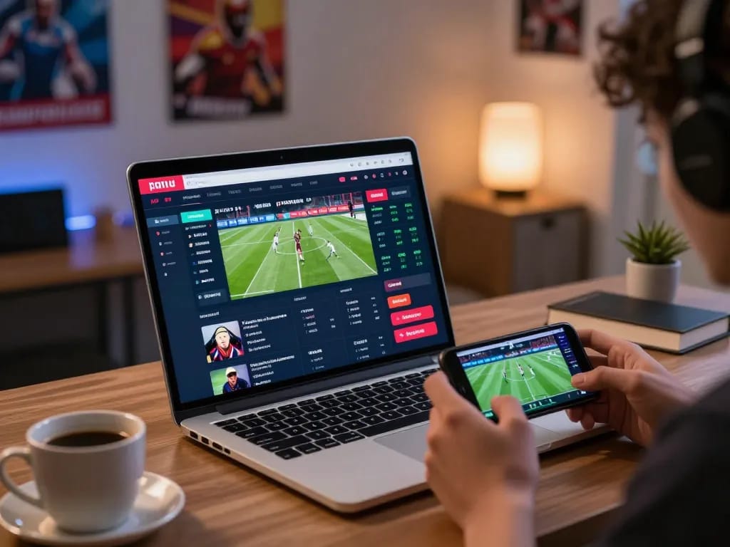 Bongdallu user engaged in online sports betting with a modern laptop showcasing live odds and sports markets
