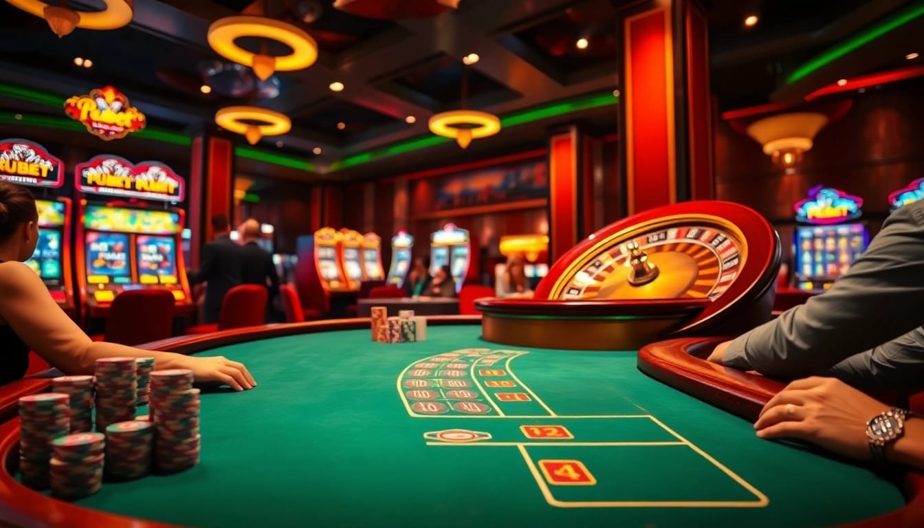 Engage in thrilling gameplay at Hubet's luxury casino, showcasing poker tables and vibrant slot machines.