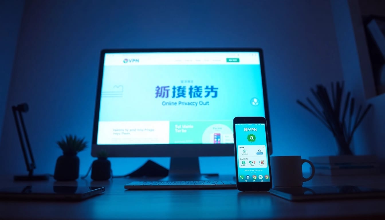 在配有科技设备的现代工作区中显示的快连官网界面。