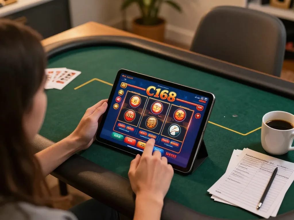 C168 player engaging with casino games on a tablet in a cozy home setting.