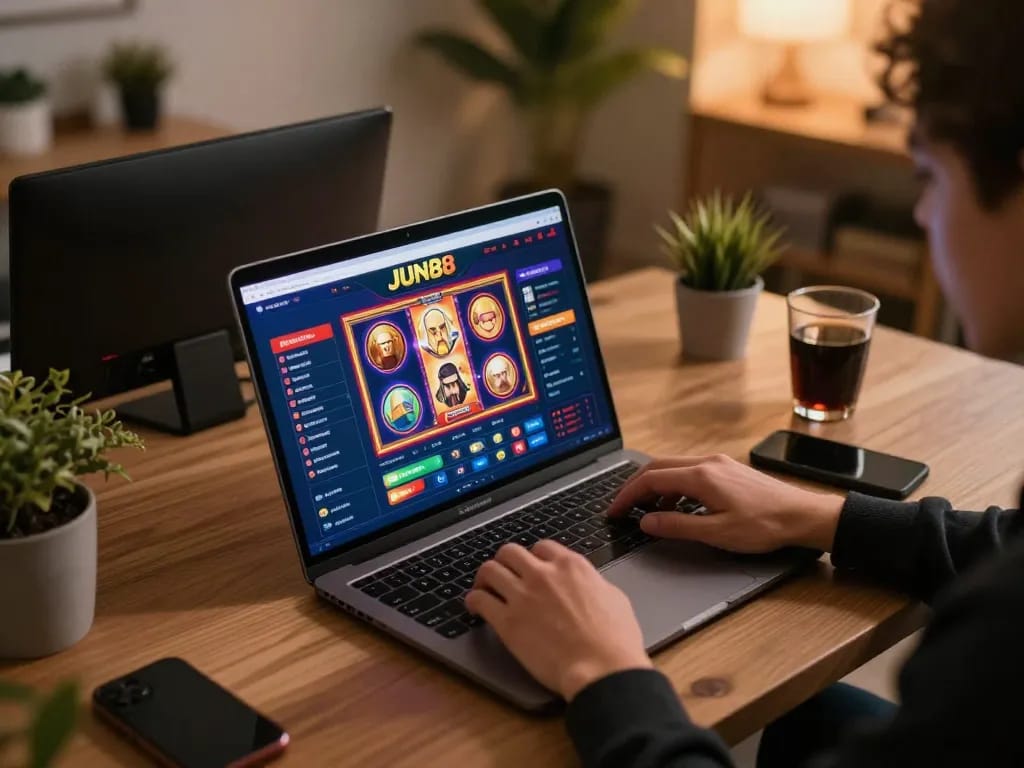 Player engaging with JUN88 casino app on a laptop in a cozy home setting