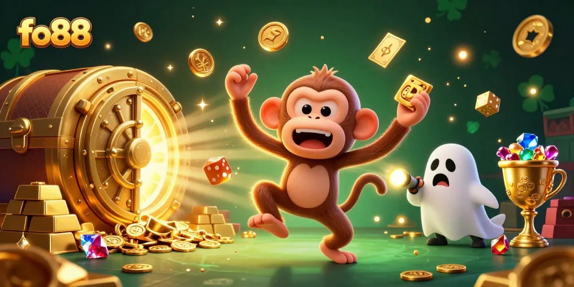 Join fo88 in a haunted casino adventure with a mischievous monkey juggling gold while a curious puppy tracks it!
