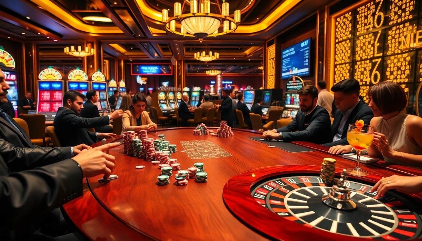 The thrilling experience at V7SB casino featuring poker tables, vibrant chips, and roulette wheels.