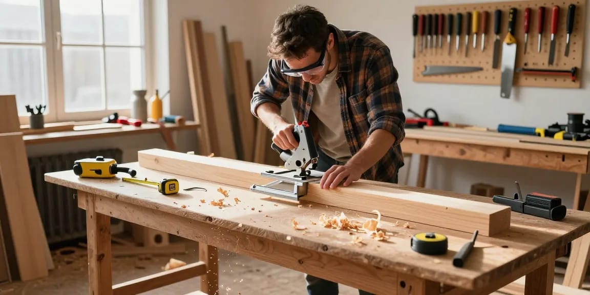 Craftsman using a hand mitre saw in a warm workshop to cut wooden beams for a furniture project.