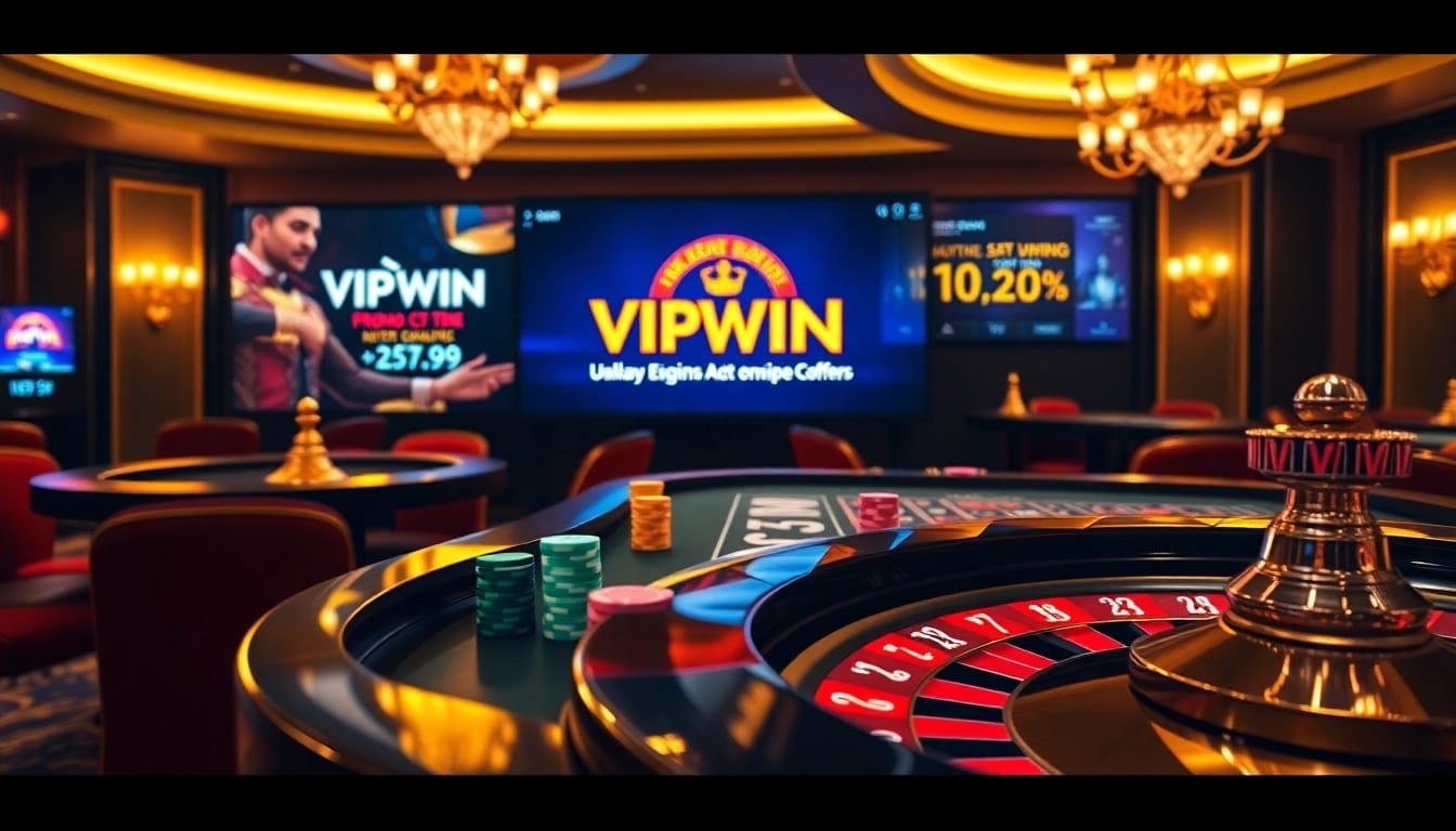 Experience the thrilling action of VIPWIN with a vibrant casino scene showcasing poker, roulette, and promotions.