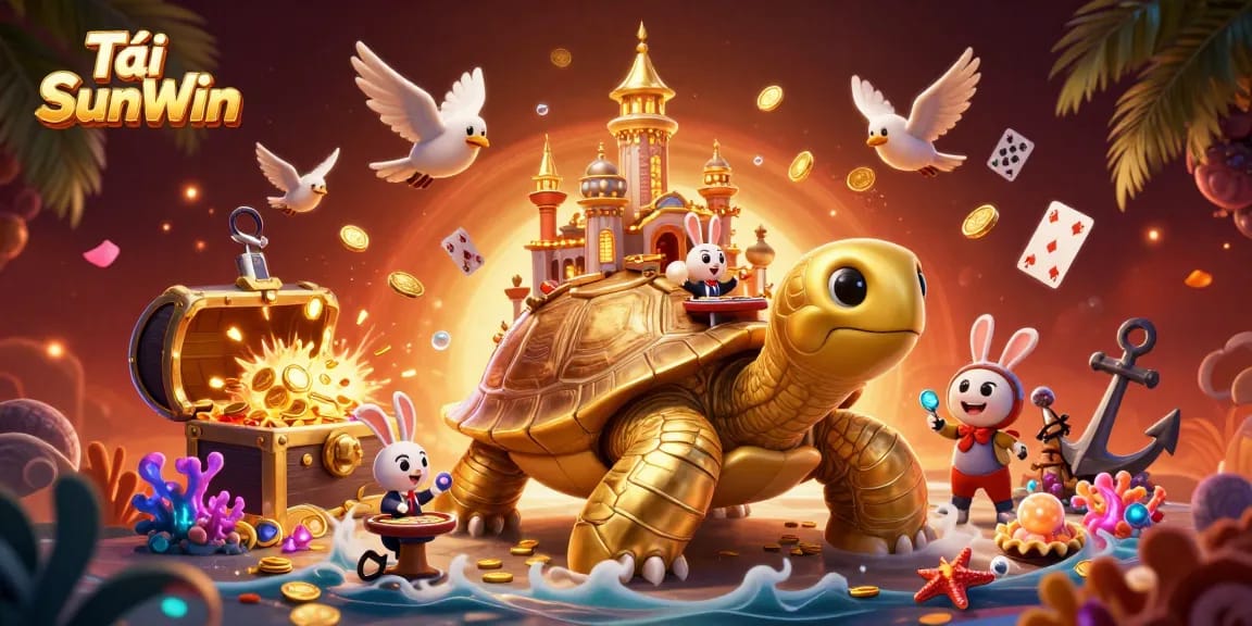 Experience Tải SunWin with a vibrant 3D casino scene featuring iconic elements like golden coins and a whimsical tortoise.