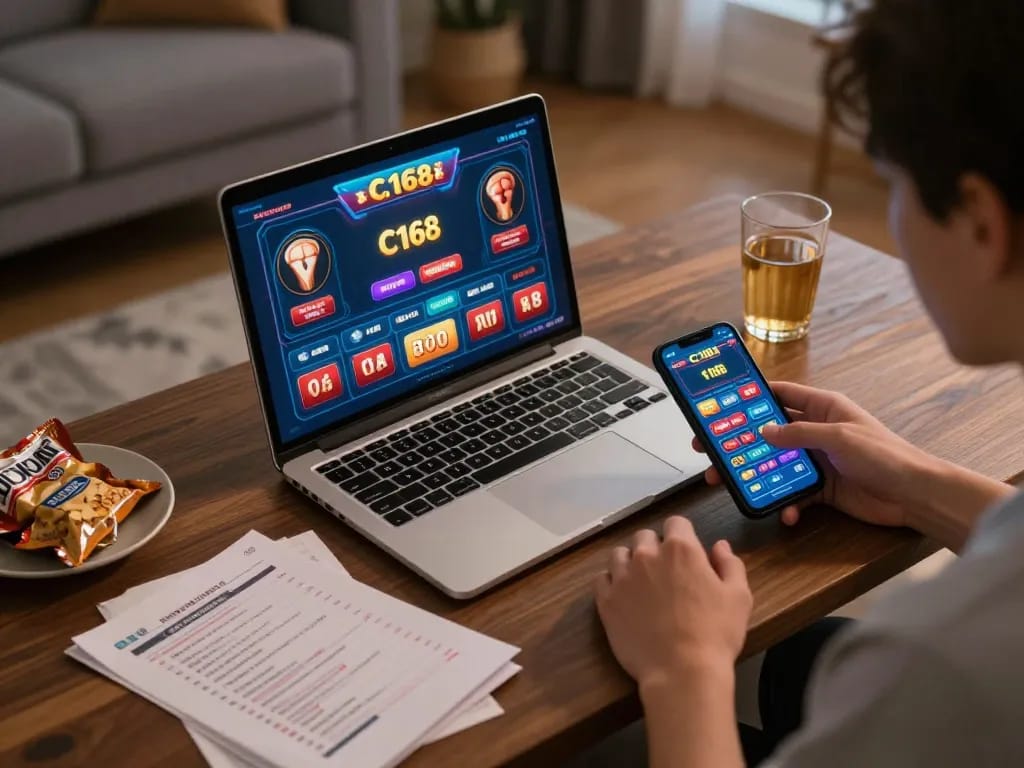 C168 online betting interface displayed on a laptop, capturing strategic gameplay in a cozy home setting.