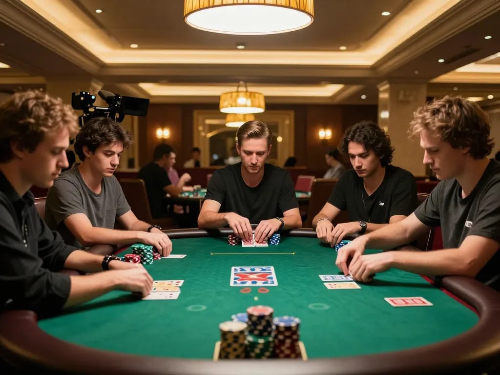 TG88 players engaged at a poker table, showcasing strategy in an upscale casino environment.