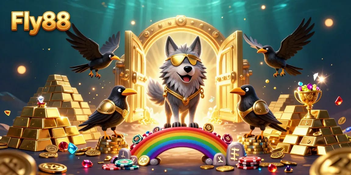 Experience Fly88 like never before, with Odin and his ravens surrounded by vibrant casino elements.